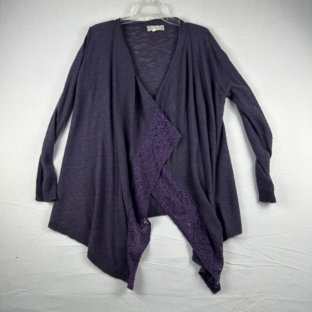 Pink Republic Womens Purple Lace Trim Open Front Cardigan Sharkbite Hem Size M